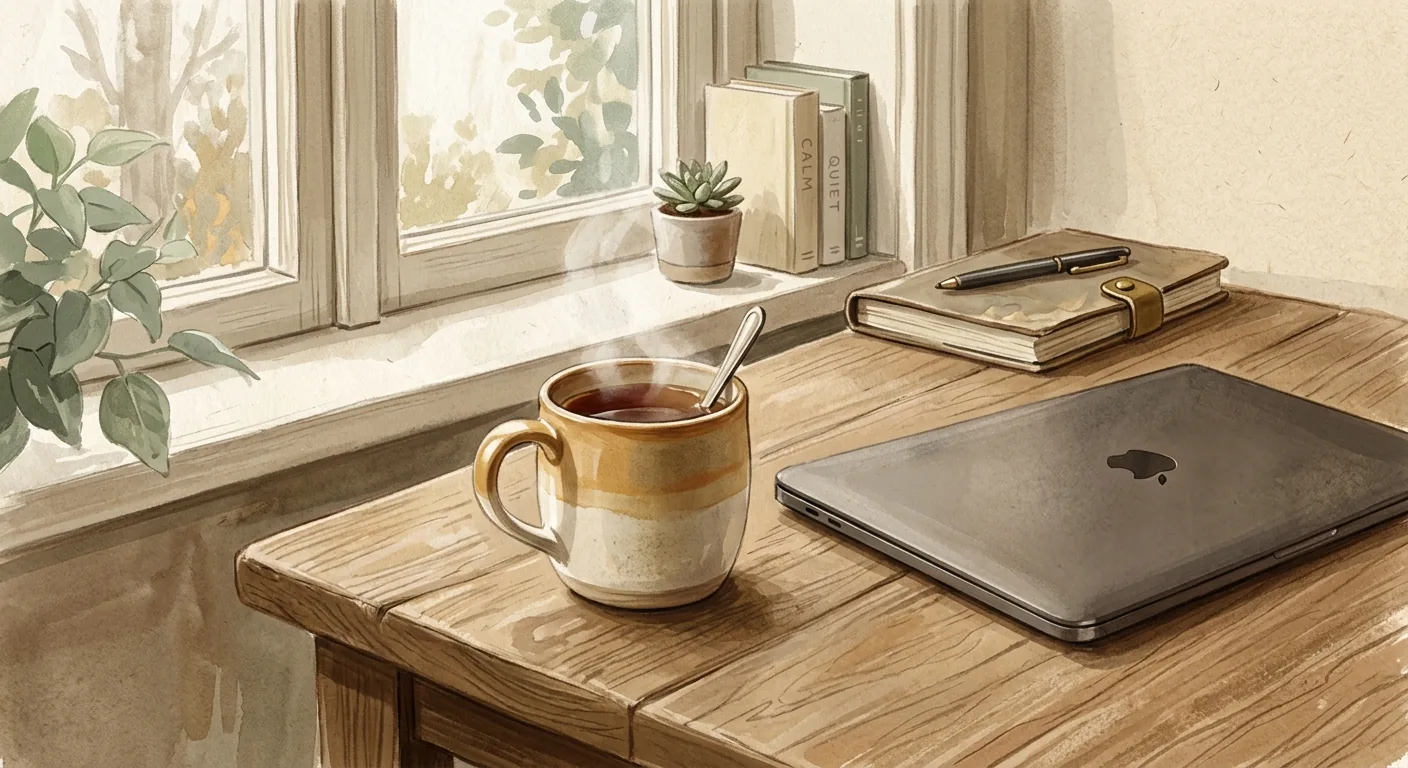 A single mug of tea cooling on a quiet desk beside a closed laptop in soft morning light, suggesting a brief pause before the workday begins.