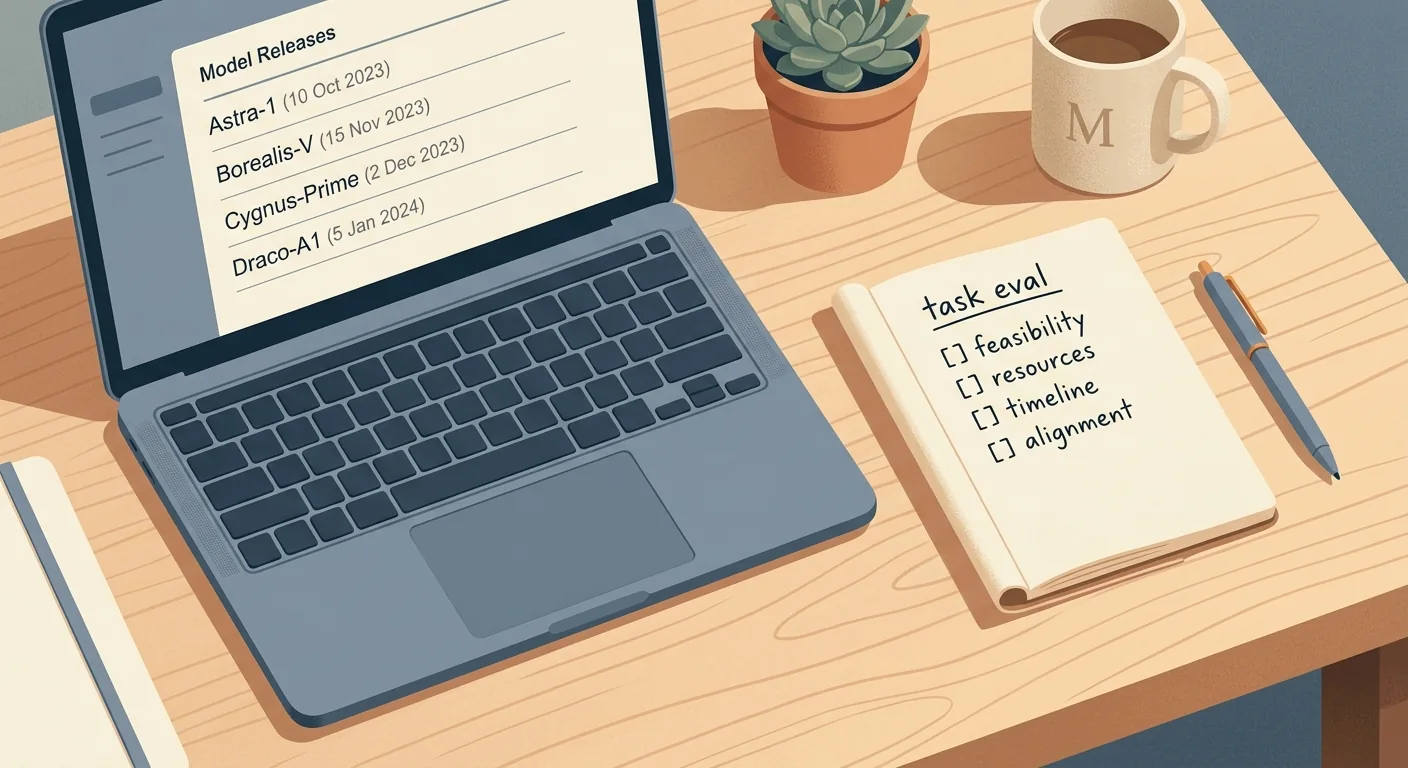 A calm desk workspace with a laptop showing a list of recent open-weight model release names and dates, beside a notebook with a short task-eval checklist, warm morning light.