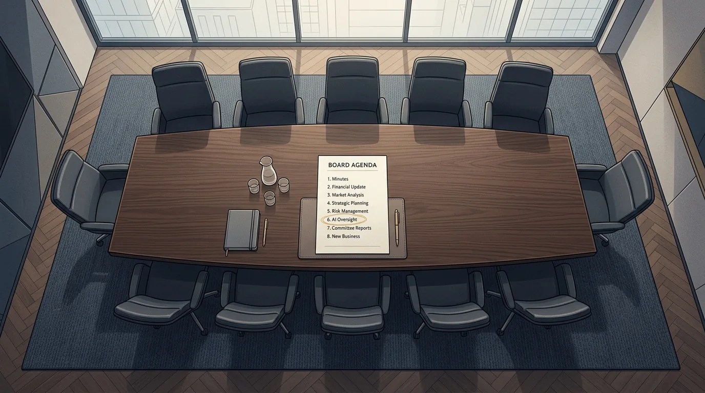 A corporate boardroom table with an agenda document, where one line item reading AI oversight is circled, suggesting AI governance moving from a policy statement to a standing board action.