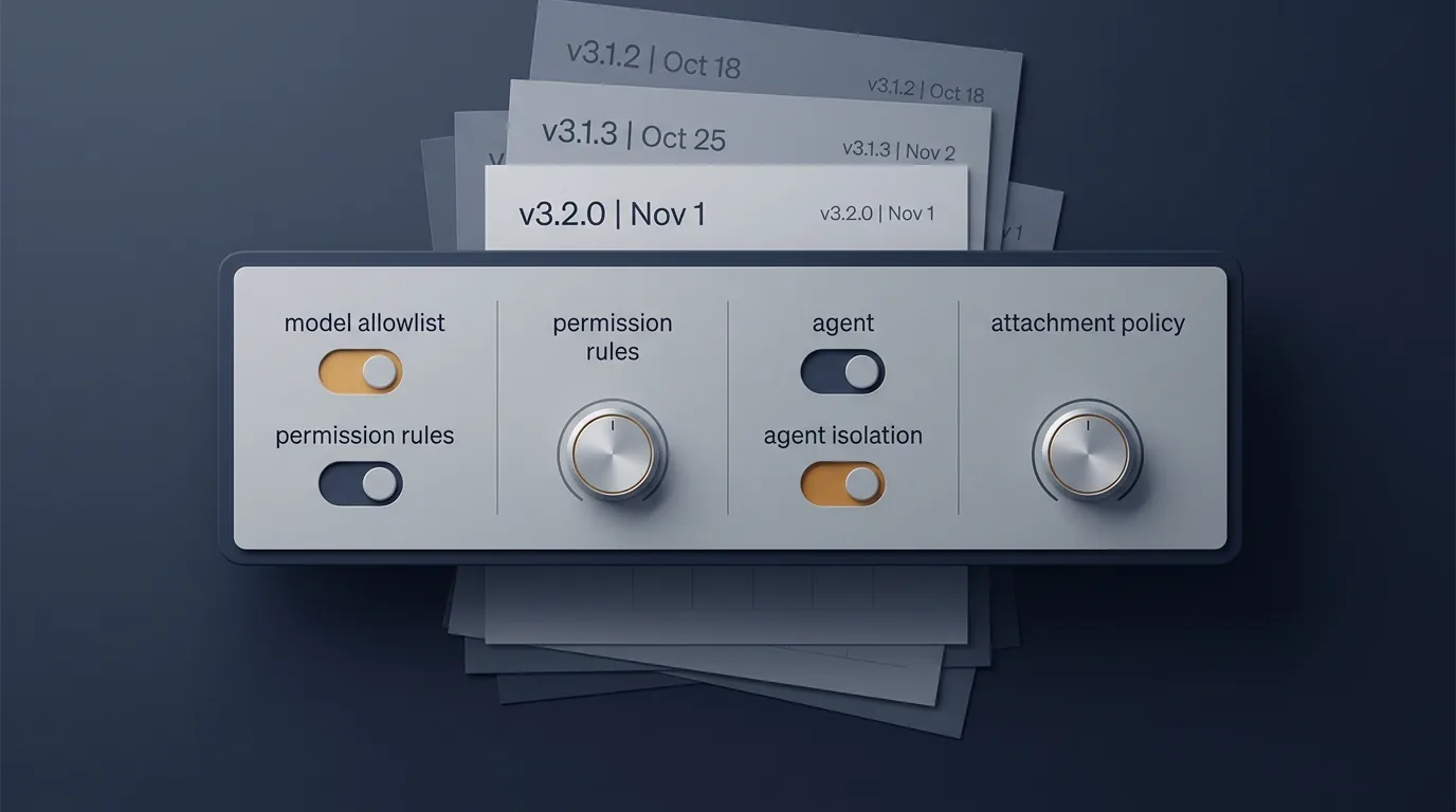 A flat-lay illustration of a control panel with labeled toggle switches and dials for model allowlist, permission rules, agent isolation, and attachment policy, with a calendar showing release dates stacked behind it.