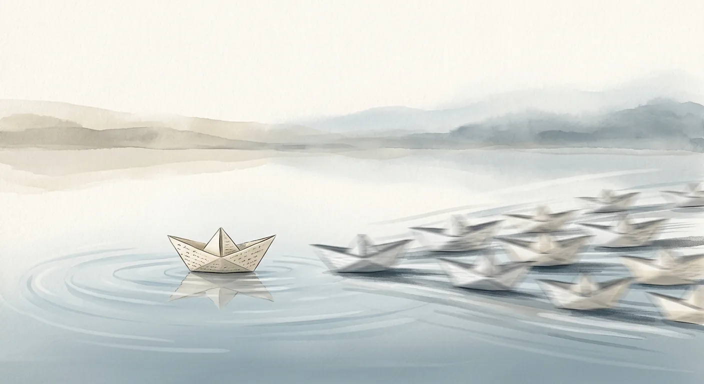 A single small paper boat resting still on calm water beside a fast, blurred stream of identical boats rushing past, in a muted blue and sand palette.
