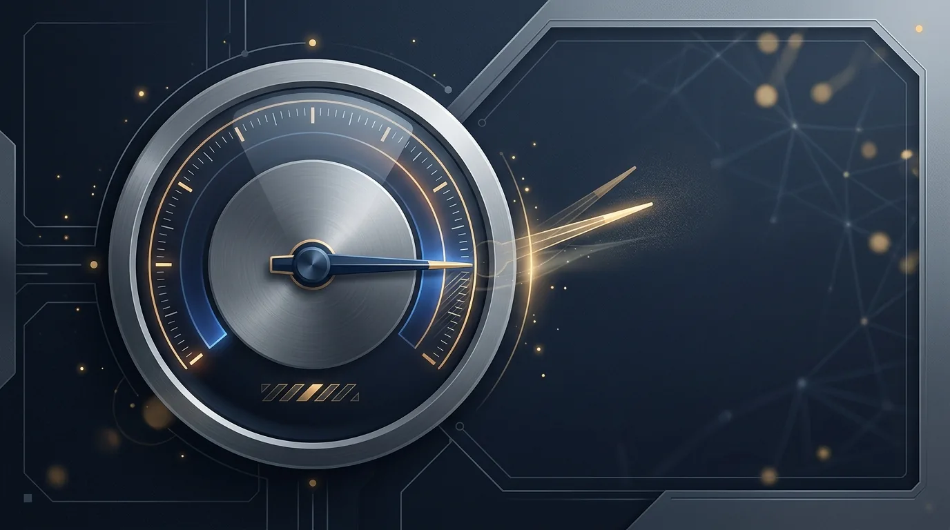 Abstract navy and steel editorial illustration of an instrument gauge whose needle has drifted away from the true value, suggesting a measurement and oversight gap, with subtle gold accents.
