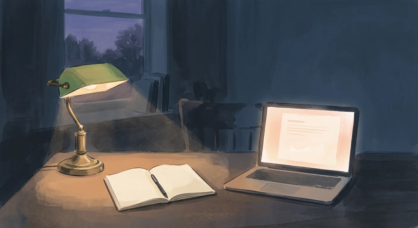 A quiet desk at dusk with a single lit lamp, an open notebook, and a softly glowing screen, in a calm muted blue and amber palette.