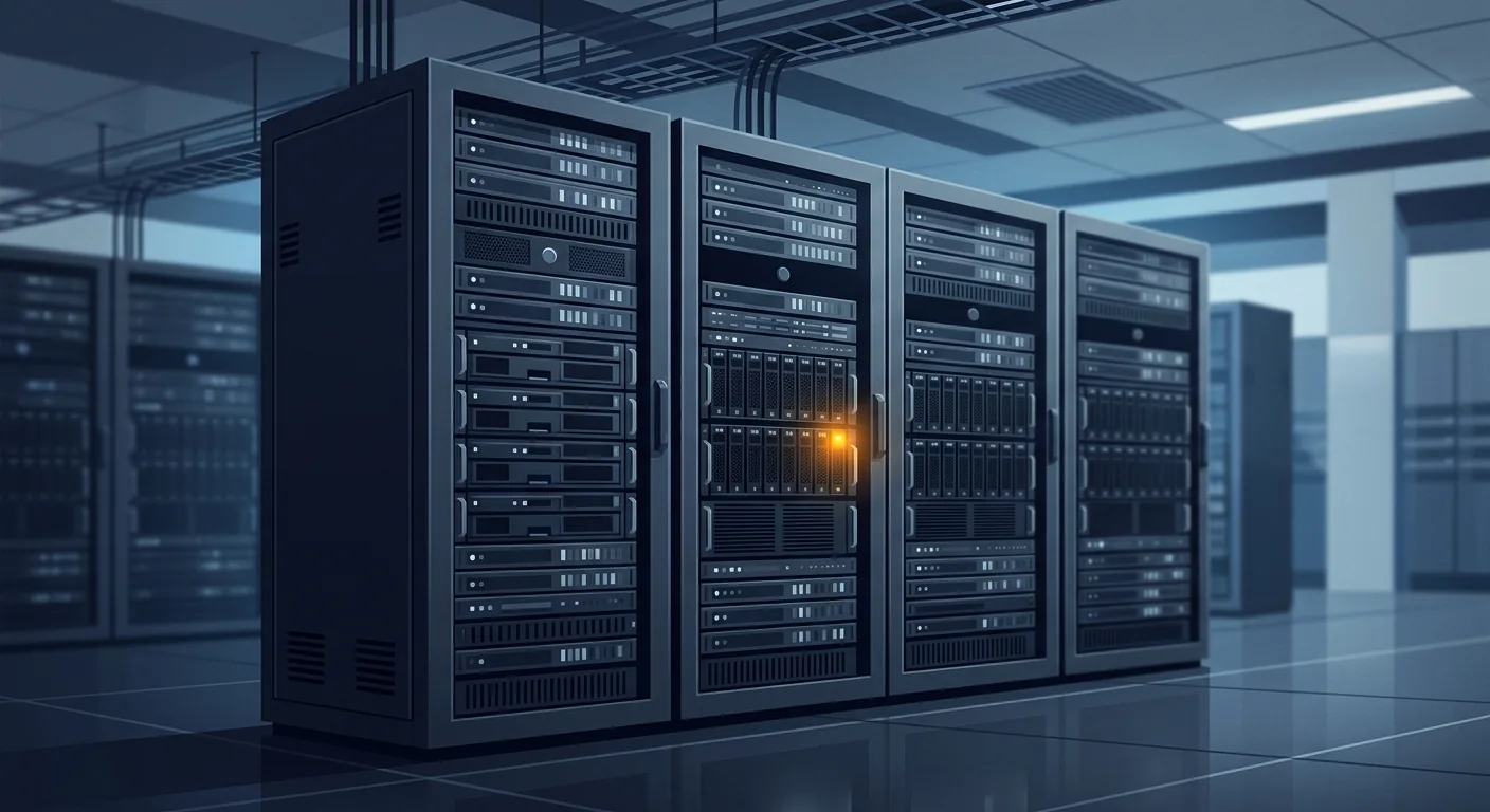 A rack of GPU servers with a single warning indicator lit, representing an out-of-memory failure during self-hosted LLM inference.