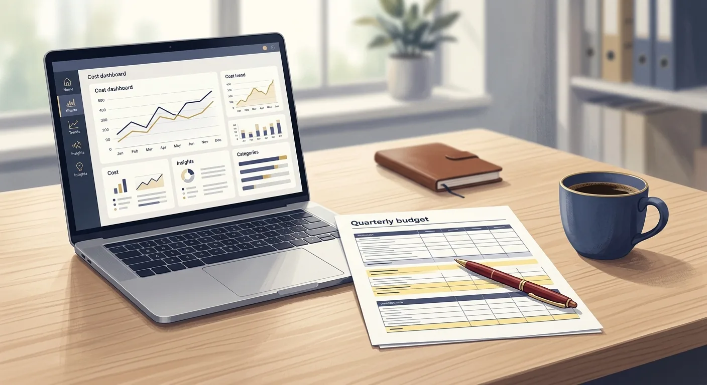 A finance review table with a laptop showing an AI cost dashboard, a printed budget spreadsheet, and a red pen, representing a Series B operator deciding which AI line items to keep or cut.