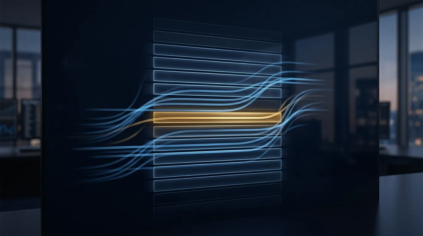 A trading-screen order book at dusk with a single resting limit order highlighted in gold, surrounded by faster-moving quotes sweeping past it, illustrating how a stale passive order sits exposed to being picked off.