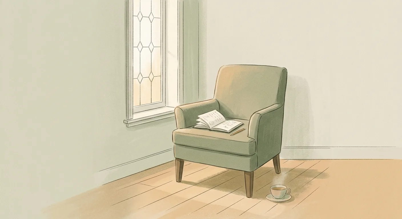 A single chair beside a window in soft morning light, an open notebook resting on the seat, suggesting a quiet pause for thought rather than a screen.