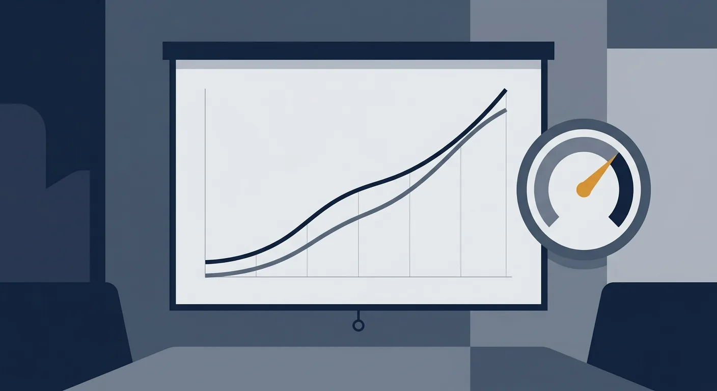 A simple line chart on a boardroom screen where a rising adoption curve and a rising cost curve track the same upward path, with a budget meter dial beside it.