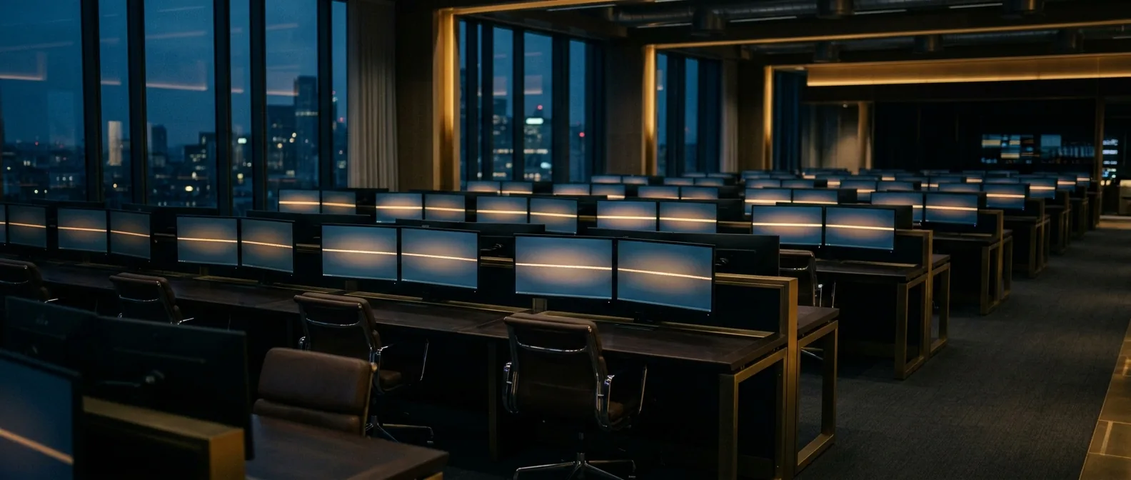A trading floor at dusk with multiple screens showing the same calm, near-flat price chart, suggesting coordinated restraint rather than frantic activity.