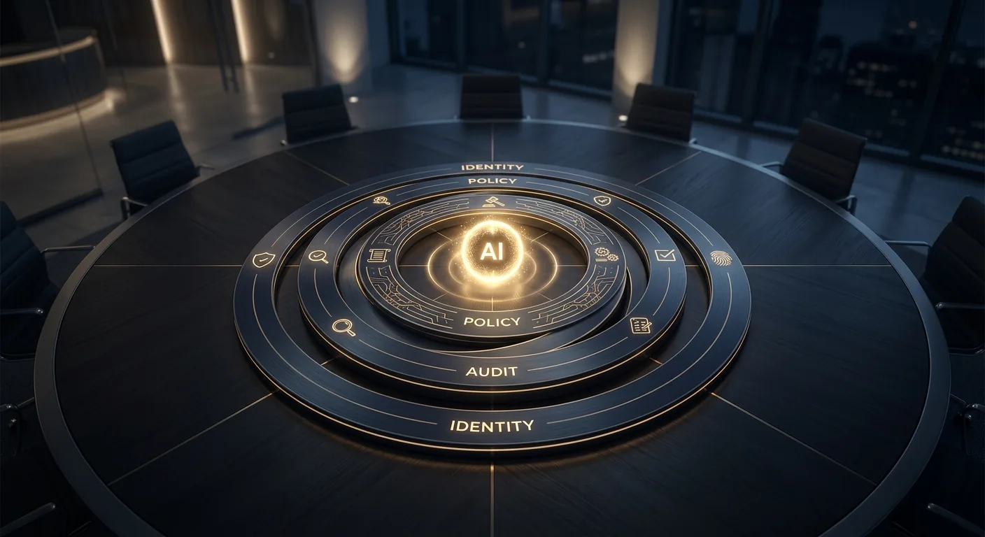 A boardroom table viewed from above with a single glowing AI agent node at the center, surrounded by interlocking control rings labeled identity, audit, and policy, suggesting governance wrapping around capability.