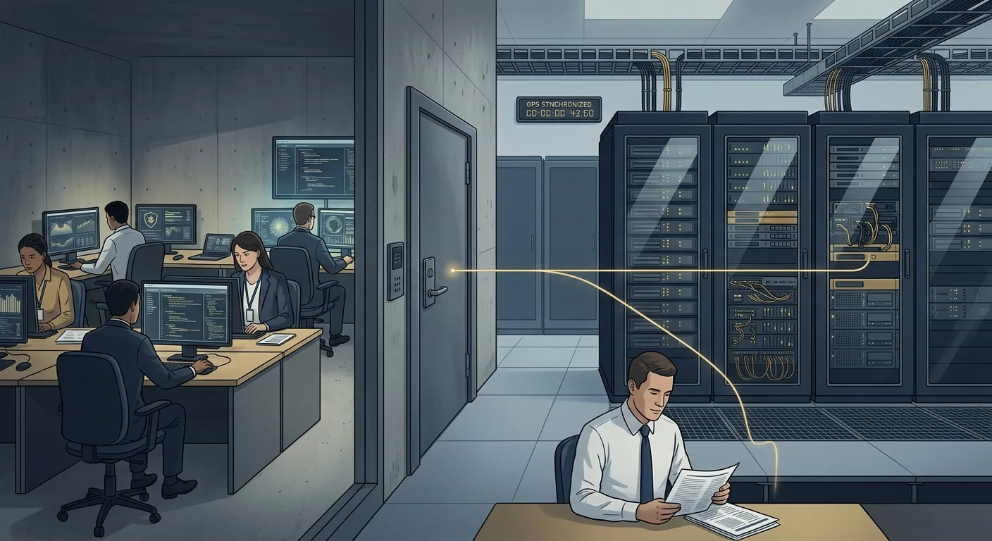 A stylized split image of a secure government data lock-up room with analysts at desks on one side and a row of co-located server racks with a GPS clock on the other, connected by a single release line.
