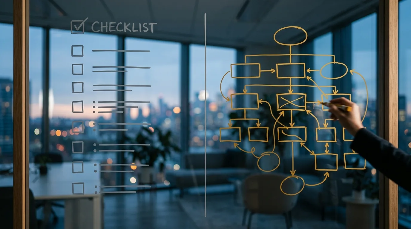 A whiteboard split down the middle, one side a stack of training-course checkboxes and the other a redrawn org chart with redesigned roles, photographed in a quiet office at dusk.