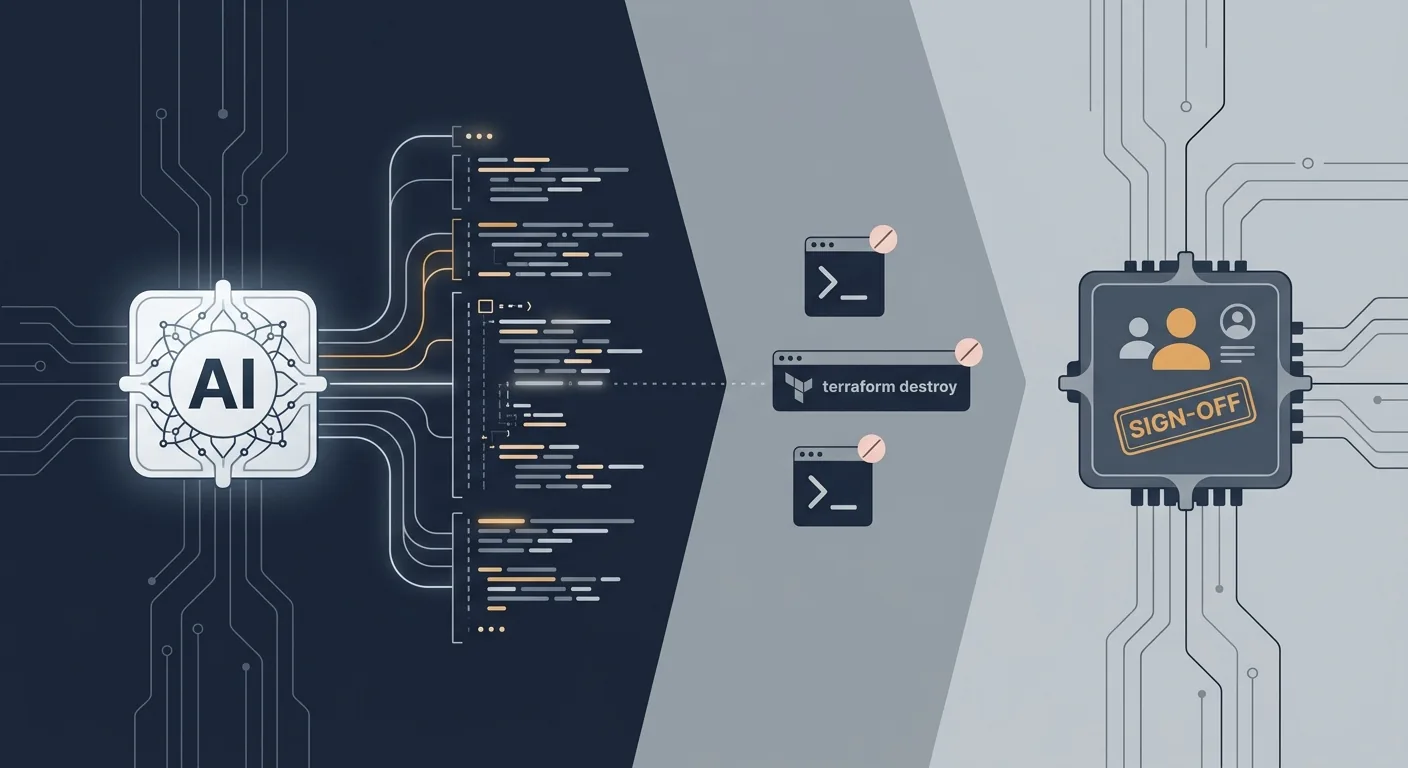 A split engineering review screen showing an AI coding agent's proposed pull request on one side and a human approval gate with a named reviewer on the other, with destructive git commands marked blocked.