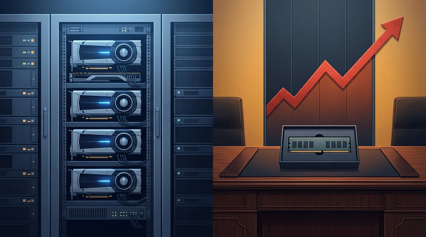 A split scene: on the left, a rack of rented data-center GPUs glowing steadily; on the right, a single boxed memory module on a finance desk with a rising price chart behind it, representing the rent-versus-buy decision for self-hosted AI.