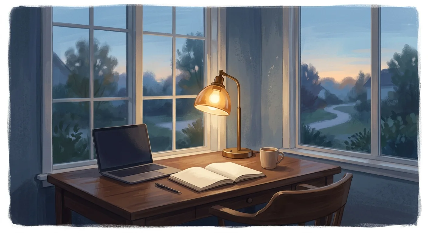 A quiet desk by a window at dusk with an open notebook and a dimmed laptop, a single lamp lit, conveying steady focus rather than busyness.