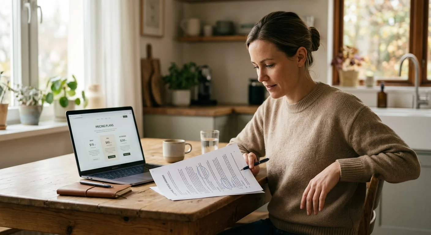 A founder at a kitchen-table desk reviewing a printed AI agent vendor contract with key clauses circled in pen, a laptop showing a pricing page beside it.