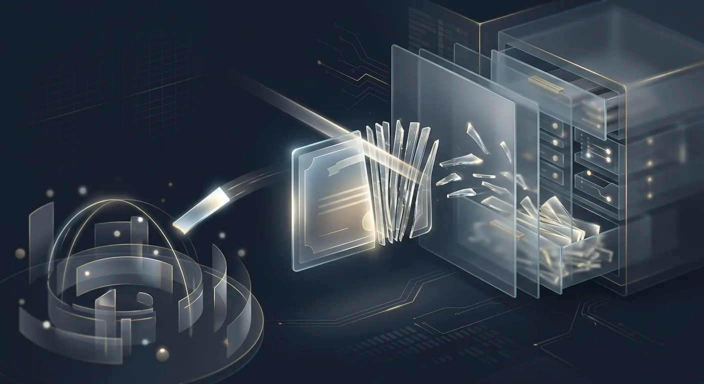 A single share certificate being cut into many small uneven slices, with one slice routed toward a public exchange floor and the rest pulled back into a broker's private inventory drawer.