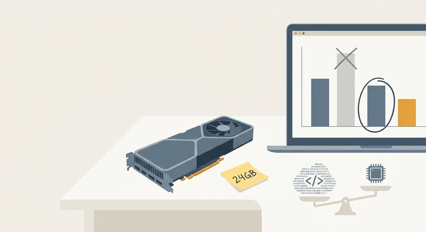 A single consumer GPU on a desk beside a sticky note reading 24GB, with a laptop showing a coding model benchmark chart, illustrating the gap between leaderboard size and what fits on one card.