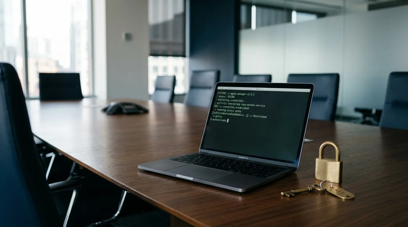 A boardroom table with a laptop showing a coding agent terminal, a padlock icon, and a credential key motif, signalling AI agent security and credential blast radius.