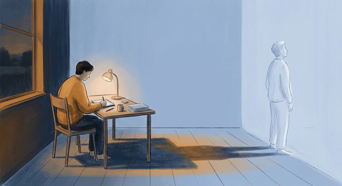A lone figure working at a desk at dusk, their long soft shadow stretching forward across the floor into the faint outline of the same person standing further ahead, in a calm blue and amber palette.