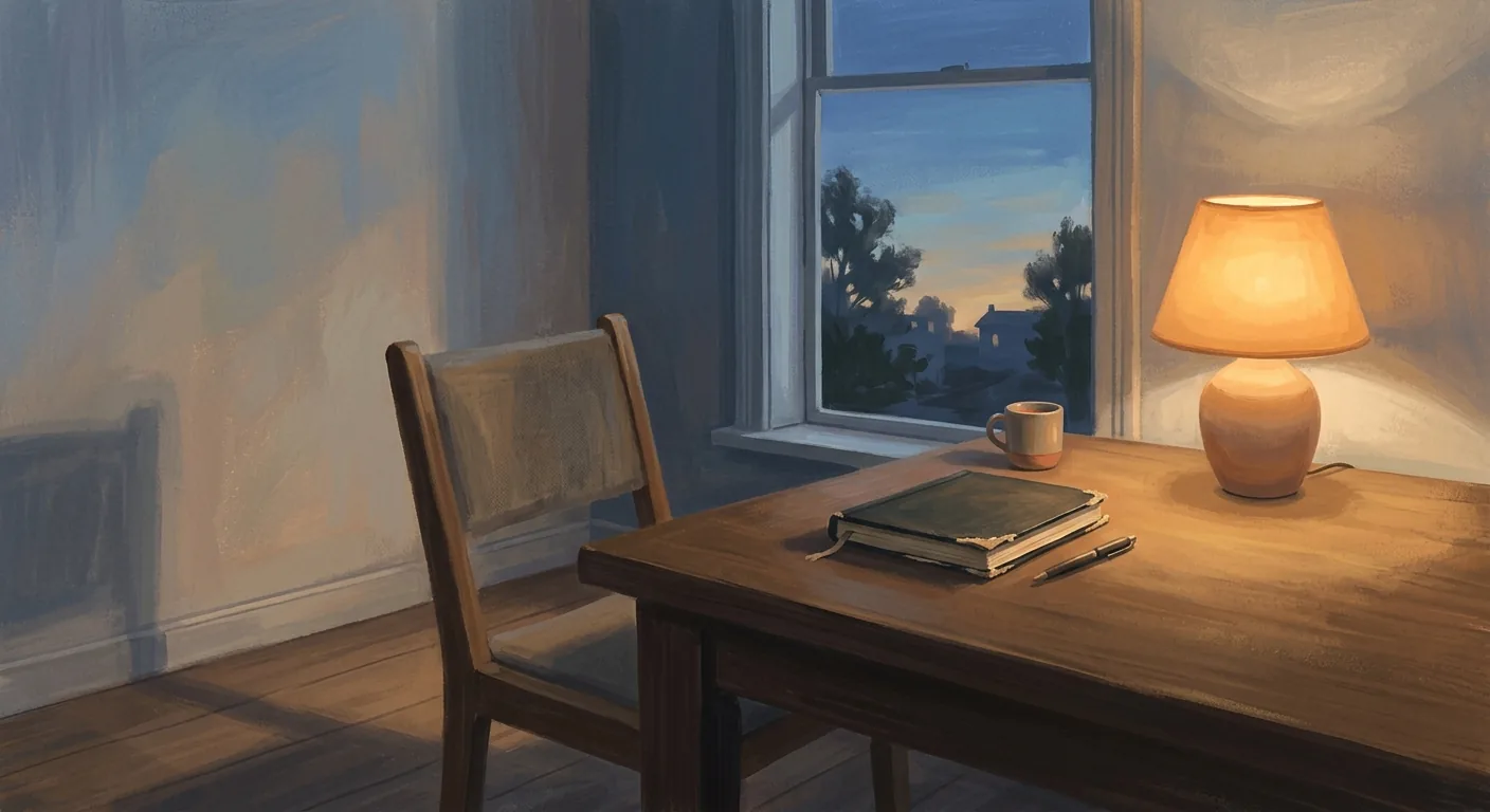 A calm desk at dusk with a closed notebook and a softly lit lamp, one chair turned slightly toward the window, evoking a quiet pause after finishing a piece of work.