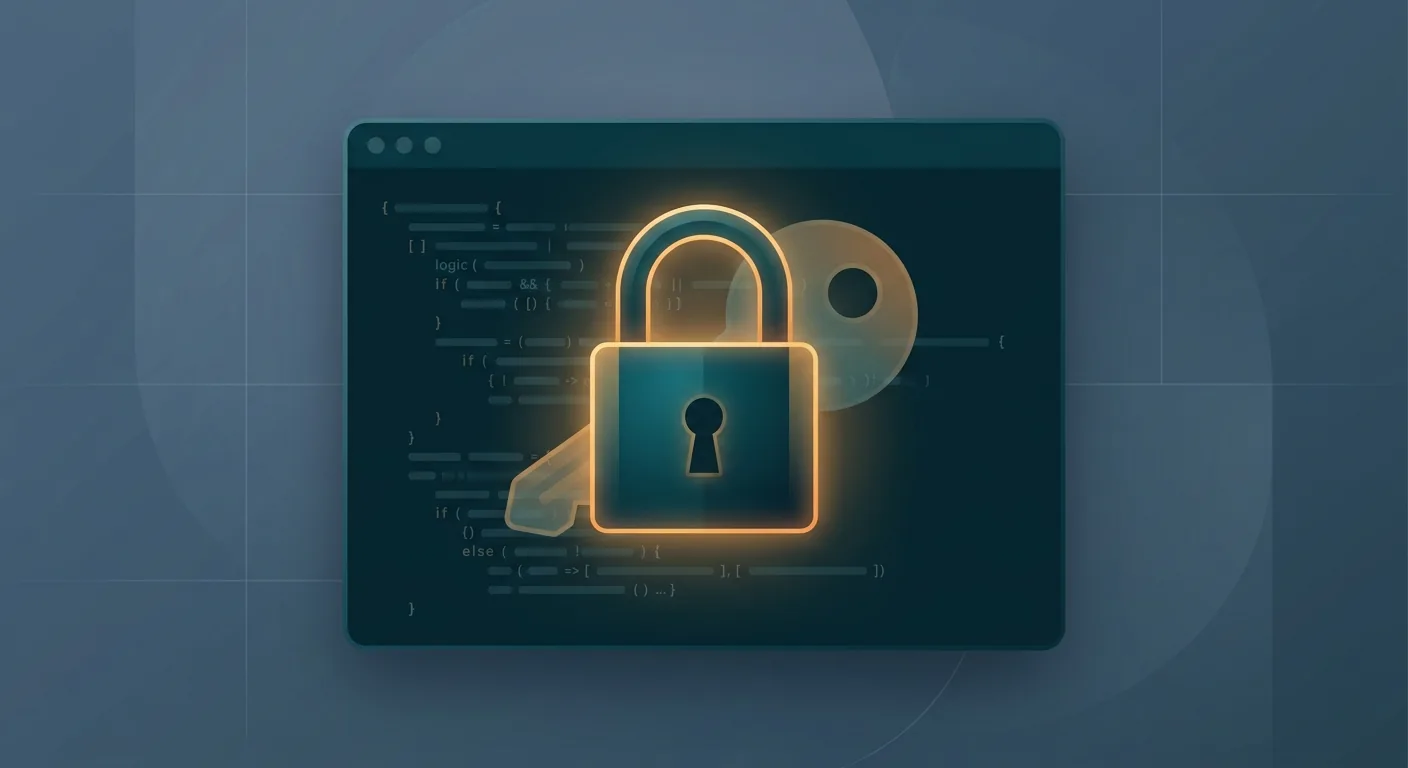 A locked padlock icon sitting on top of a developer terminal window full of code, with a faint key outline behind it, representing a coding agent holding a credential.