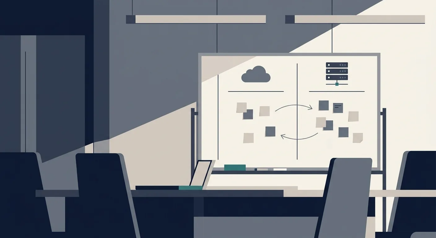 A boardroom whiteboard split into two columns, one labeled cloud API and one labeled self-hosted inference, with sticky notes mapping data flow, jurisdiction, and GPU cost between them.