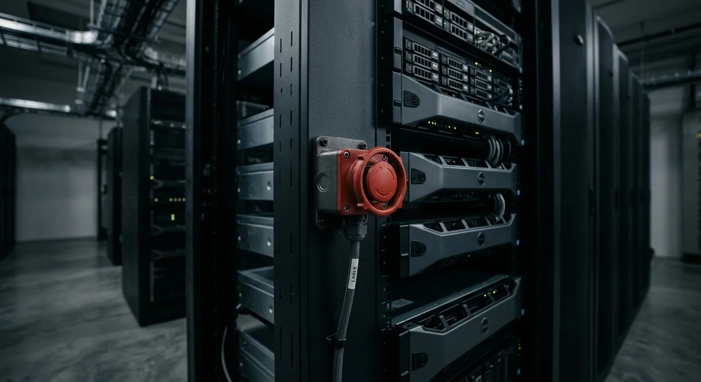 A large red physical kill switch on an enterprise server rack, with a single labeled cable leading to it, photographed in soft directional light.