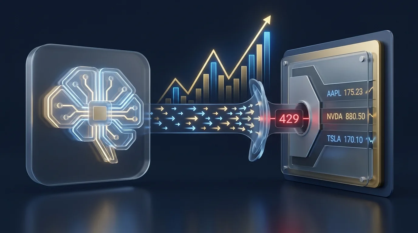 A stylized diagram of an AI trading agent connected to a brokerage account, with a narrow request-limit gate between them showing a 429 too-many-requests signal blocking orders during a market spike.