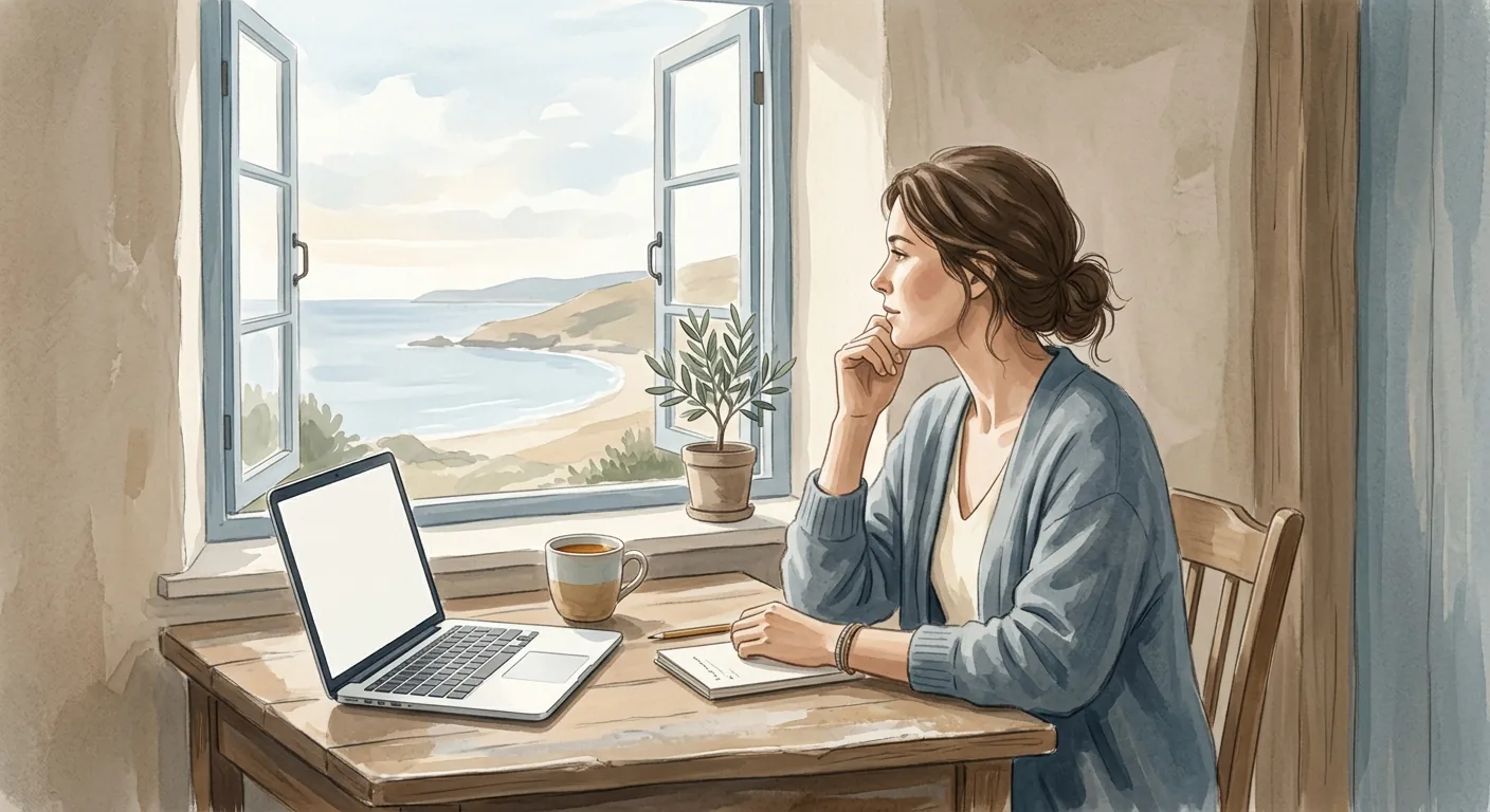 A person sitting at a sunlit desk looking away from a laptop toward an open window, mid-thought, in a calm muted illustration.