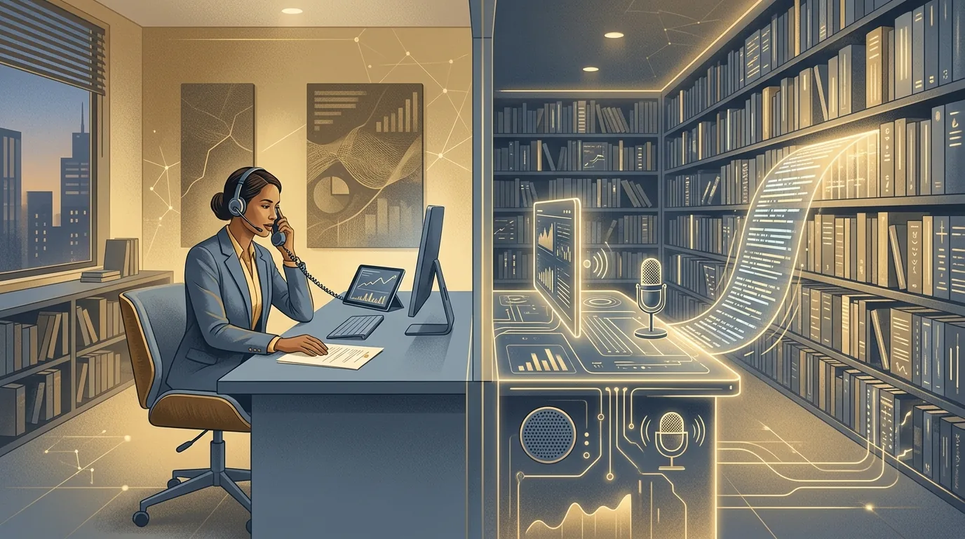 A split research desk showing a human expert-network phone call on one side and an autonomous AI interviewer transcribing the same call into a shared library on the other, lit in calm gold and slate tones.
