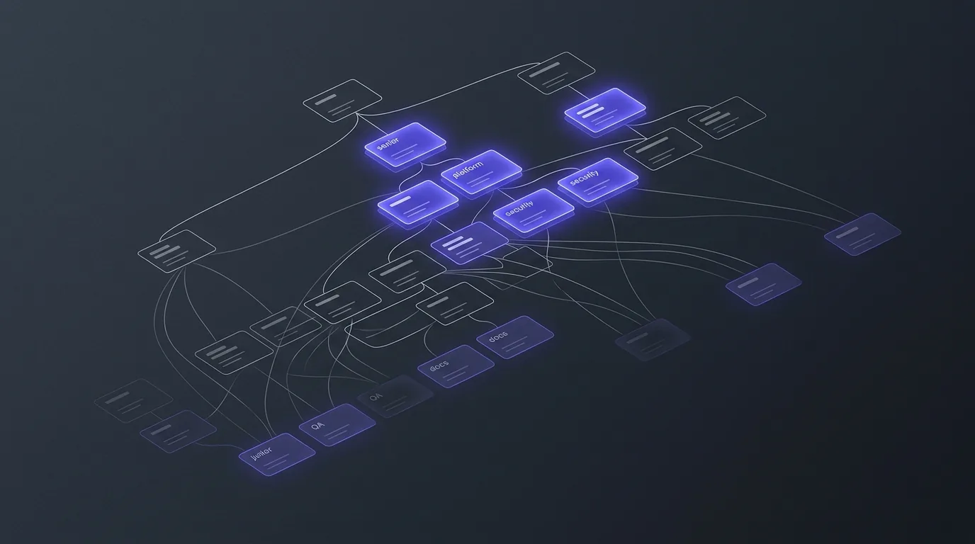 A stylized engineering org chart where the boxes are resizing: a few senior and platform boxes growing larger while junior, QA, and documentation boxes shrink, against a calm dark background.