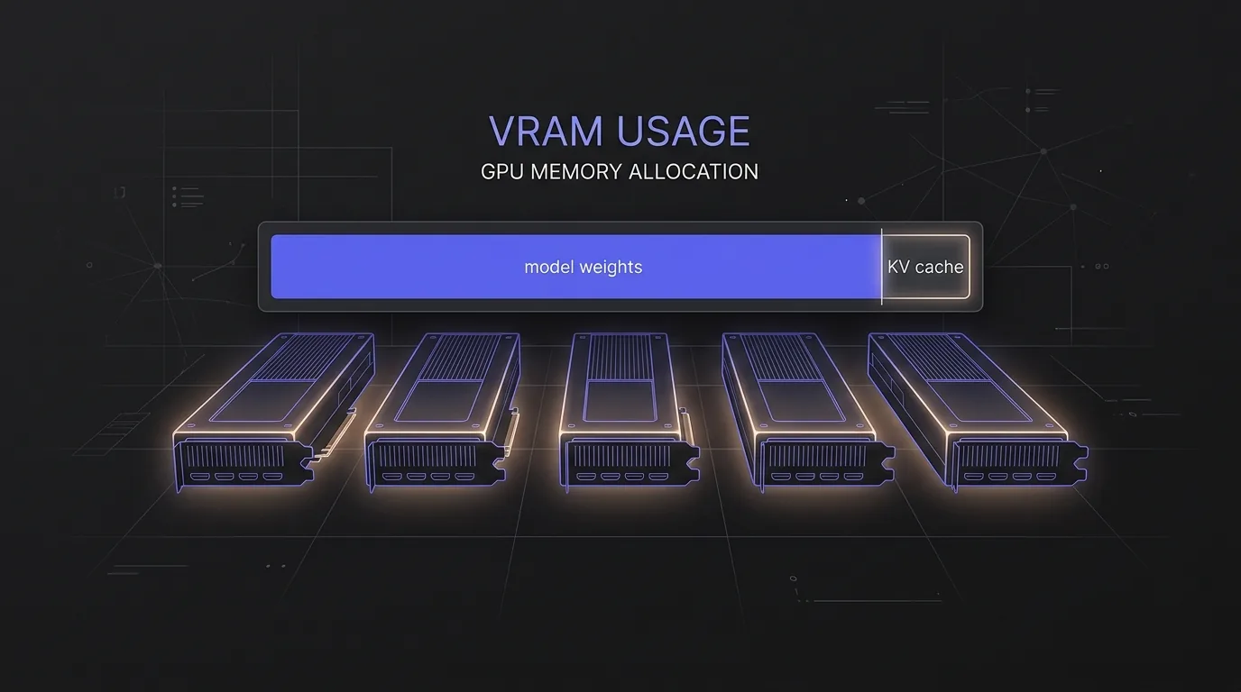 A rack of datacenter GPUs with a memory-usage overlay showing model weights filling most of the VRAM and a thin remaining slice labeled KV cache.