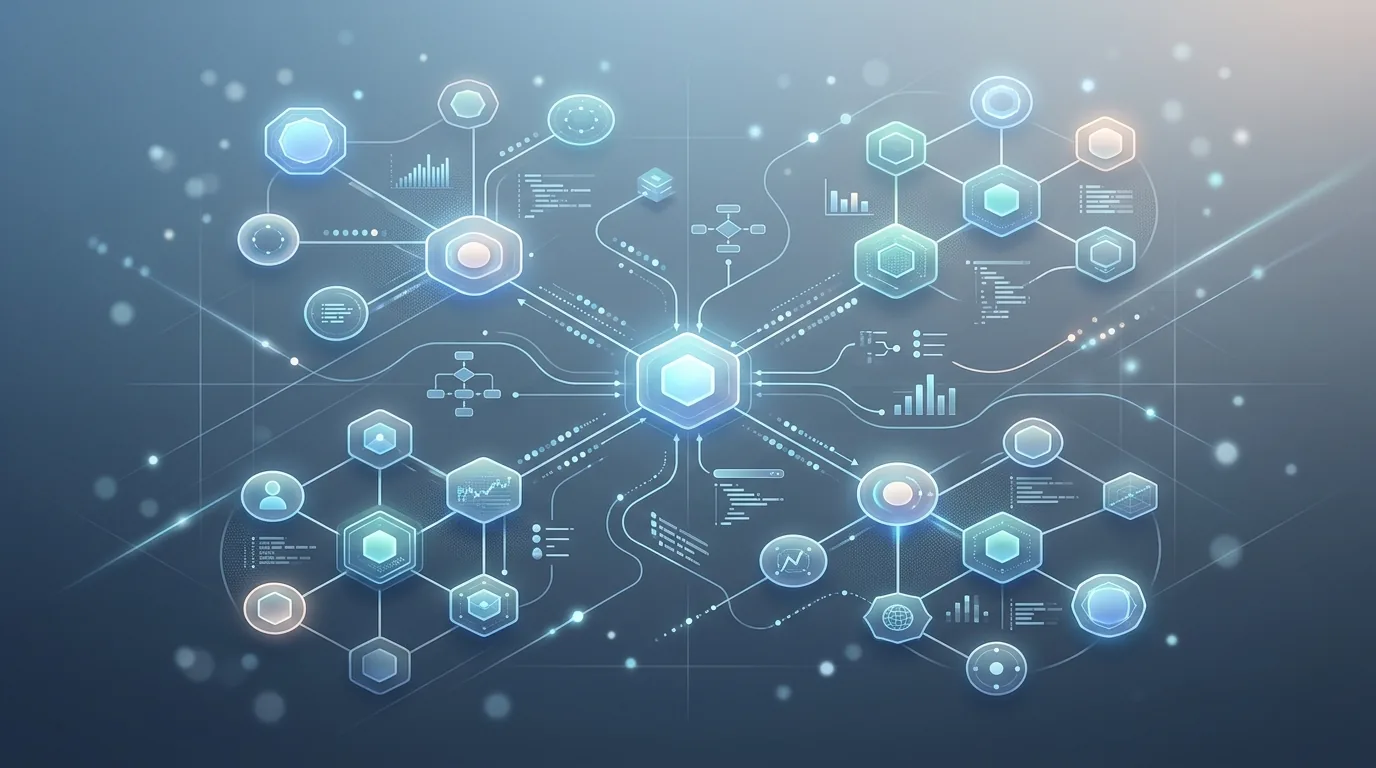 Abstract blue-gray illustration of hexagonal AI agent nodes connected by edges on a canvas, with small charts and flow icons, representing an AI agent orchestration platform.