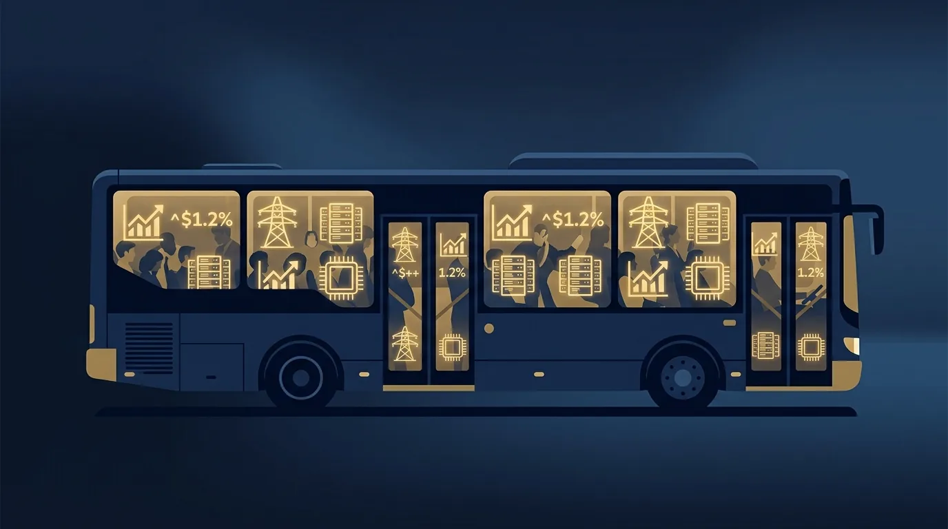 A split illustration of a single crowded bus full of identical AI-infrastructure stock tickers on one side and a quiet trading terminal on the other, suggesting that many funds hold the same concentrated bet.