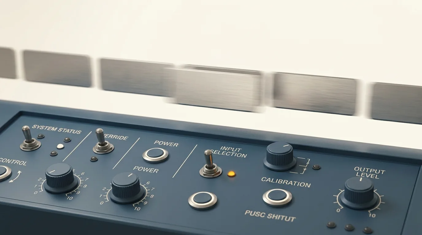 A control panel of labeled switches and dials in steady focus while a row of model nameplates above it blurs in motion, illustrating that the governable surface stays put while the model underneath keeps changing.