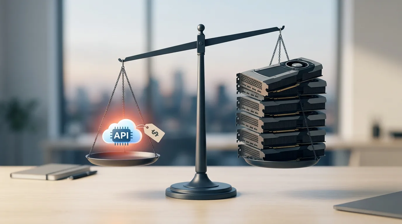 A split-scene illustration: on one side a single rented cloud API endpoint glowing cheaply, on the other a rack of eight GPUs needed to self-host an open-weight frontier model, with a balance scale between them tilting toward the API.