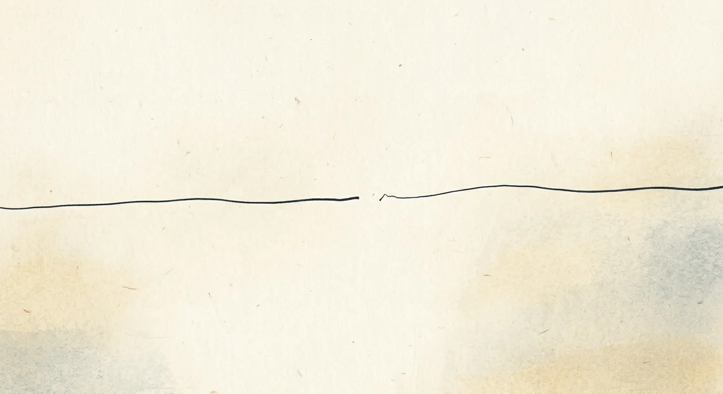 A single continuous line drawn in warm ink across a pale background, starting thin and unbroken on the left, passing through a small gap near the center, then continuing whole on the right, suggesting an unbroken thread of self over time.