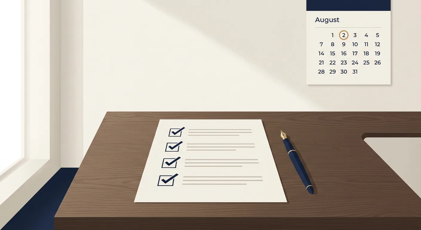 A calm boardroom table with a single printed compliance checklist and a wall calendar marking August 2, representing a board reviewing its EU AI Act transparency obligations before the deadline.