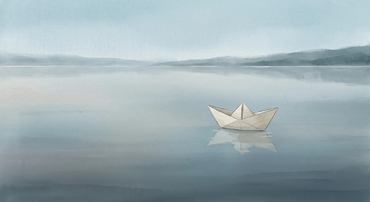A single small paper boat resting on a calm reflective surface, with a faint second boat shown as its reflection just below, in a muted blue-grey palette.