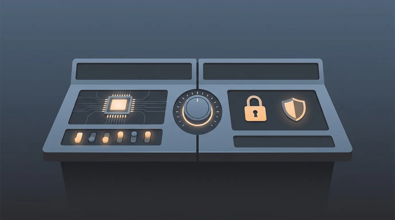 A split control-room console: one side labeled GitHub Copilot showing an in-house model chip and admin toggles, the other labeled Claude Code showing a model-restriction lock, with a single budget dial between them.