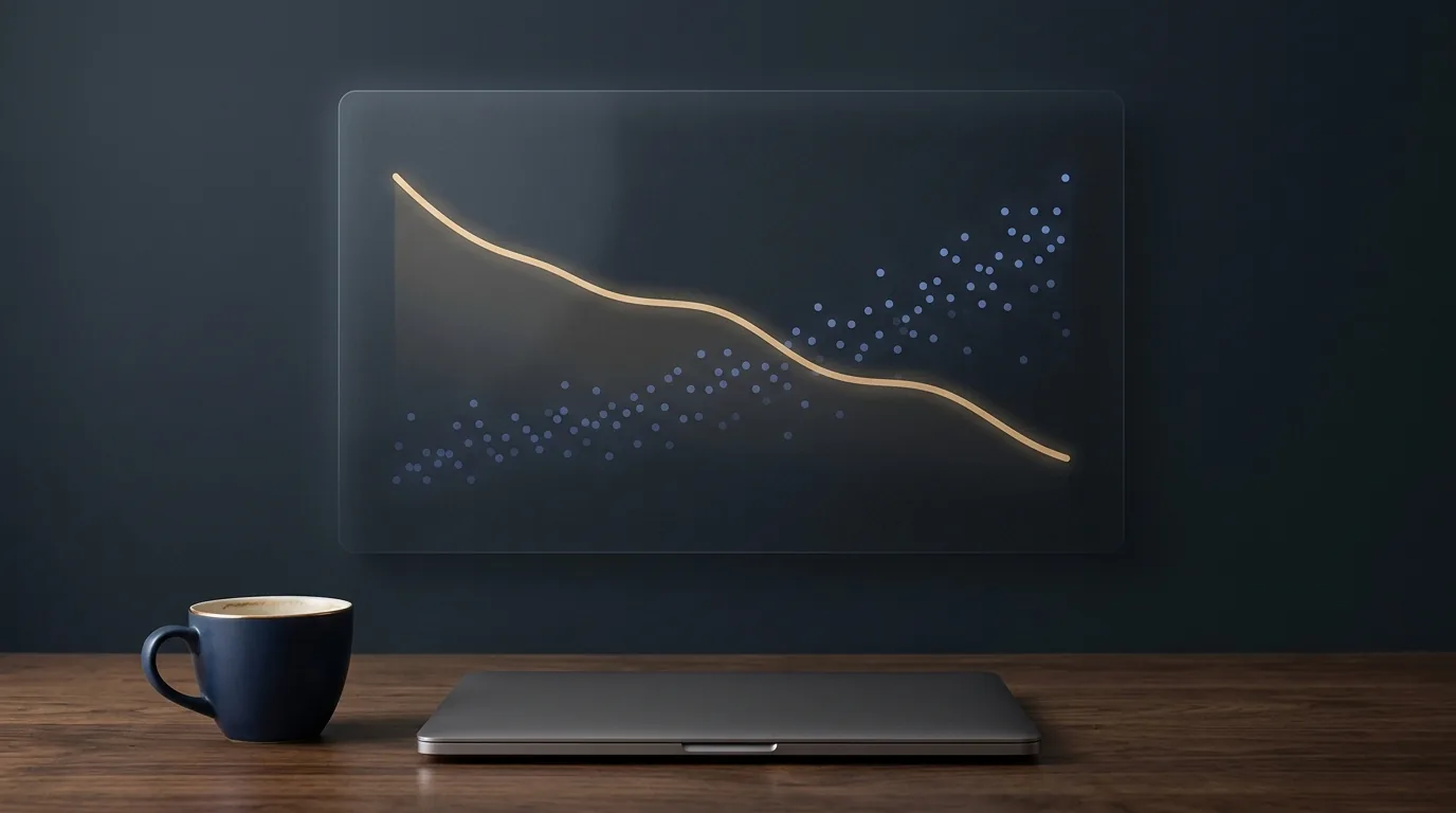 A founder at a laptop reviewing a single-page margin chart that plots AI cost to serve declining as a share of revenue while customer count rises, with a coffee cup beside the keyboard.