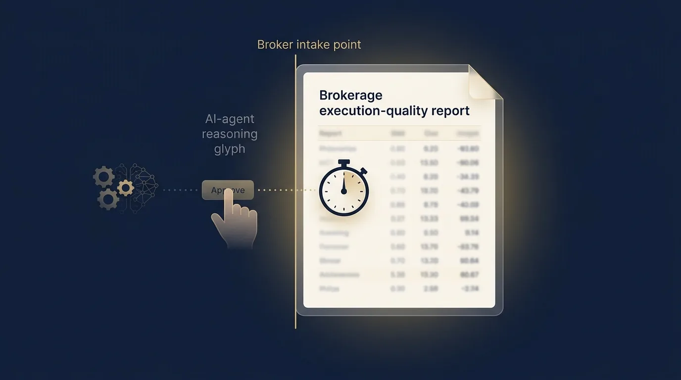 A stylized brokerage execution-quality report page with a stopwatch icon whose start mark sits at the broker's intake, while an earlier AI-agent reasoning step and a human approval tap sit greyed out and uncounted before it.