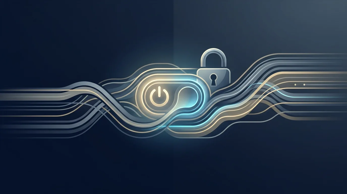 Abstract navy and steel editorial illustration of a glowing power off-switch and a lock woven into flowing data lines, with subtle gold accents, representing AI agent governance and control.