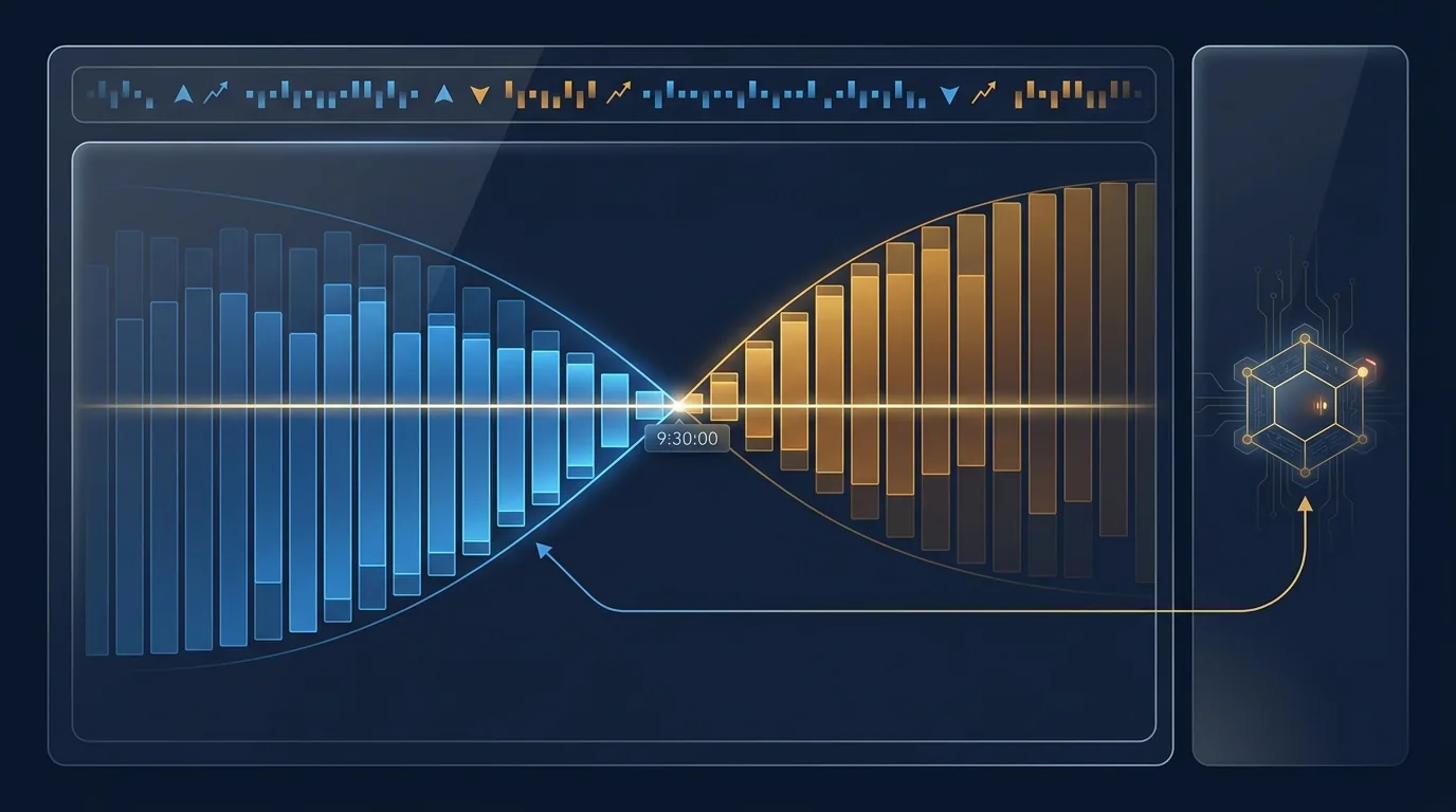 A stylized US stock exchange opening-auction order book at 9:29 a.m., showing buy and sell order ladders converging on a single uncrossing price, with an order-imbalance ticker scrolling above and a small AI-agent order routing in from the side.