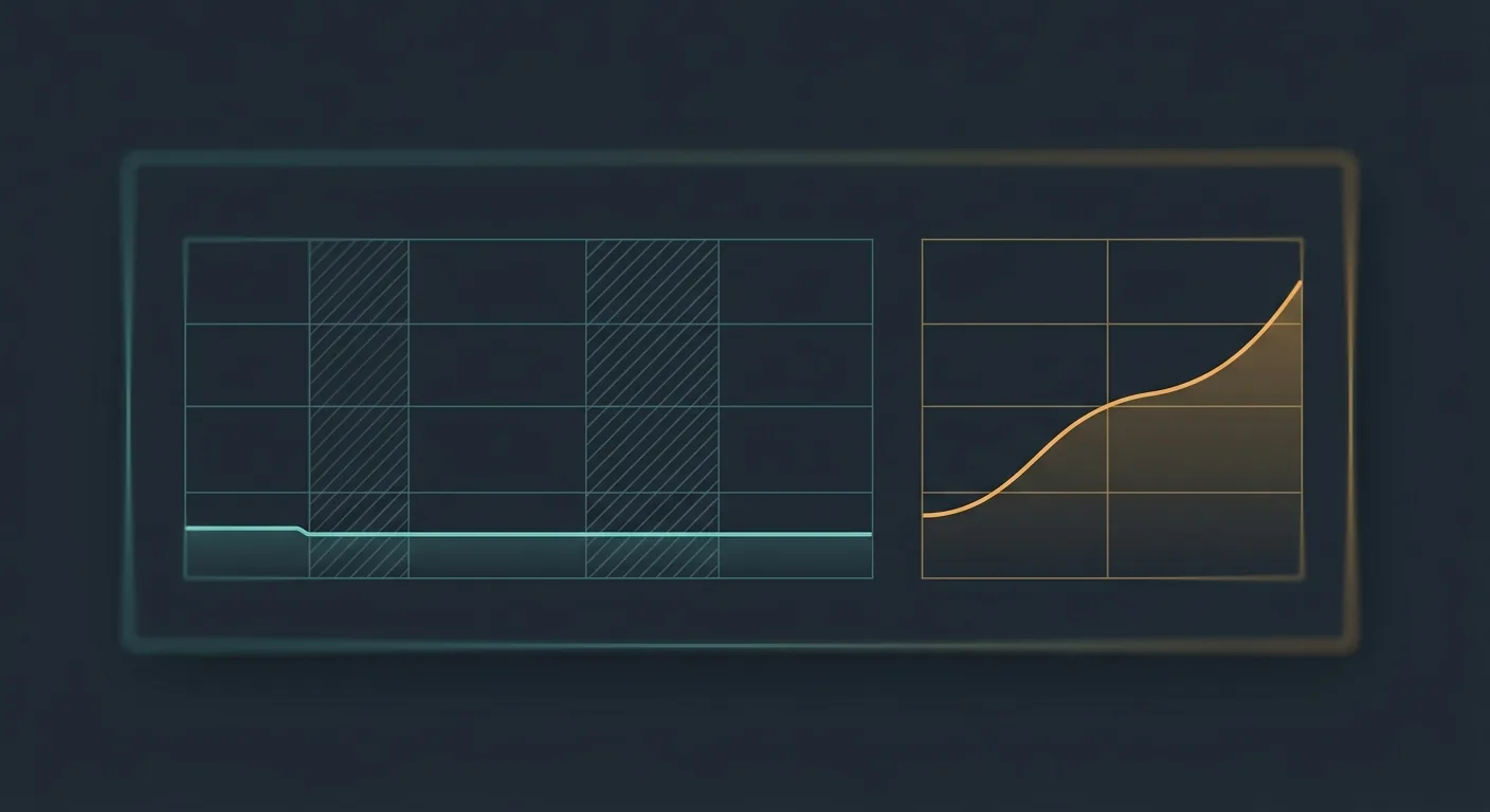 A monitoring dashboard showing a GPU utilization graph that sits low and flat overnight and on weekends, next to a rising cloud API cost line, illustrating the idle-GPU problem in self-hosted LLM economics.