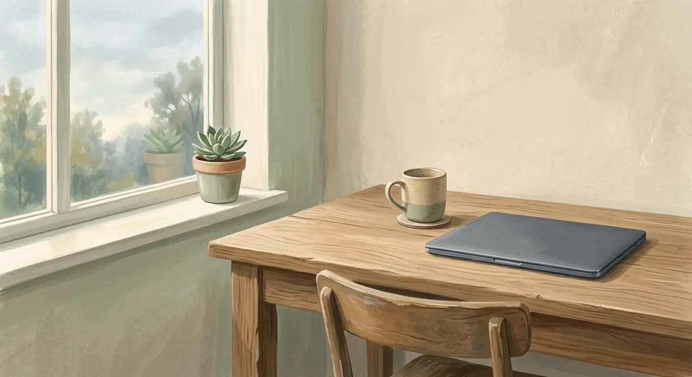 A quiet wooden desk near a window with a closed laptop, an empty mug, and soft afternoon light falling across the surface, suggesting an unfilled pause in the workday.