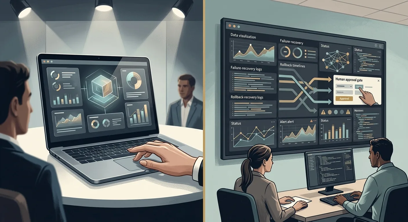 A split desk scene showing a polished AI demo screen on one side and a live operations dashboard with failure-recovery logs on the other, lit to contrast a staged pilot against a running production system.