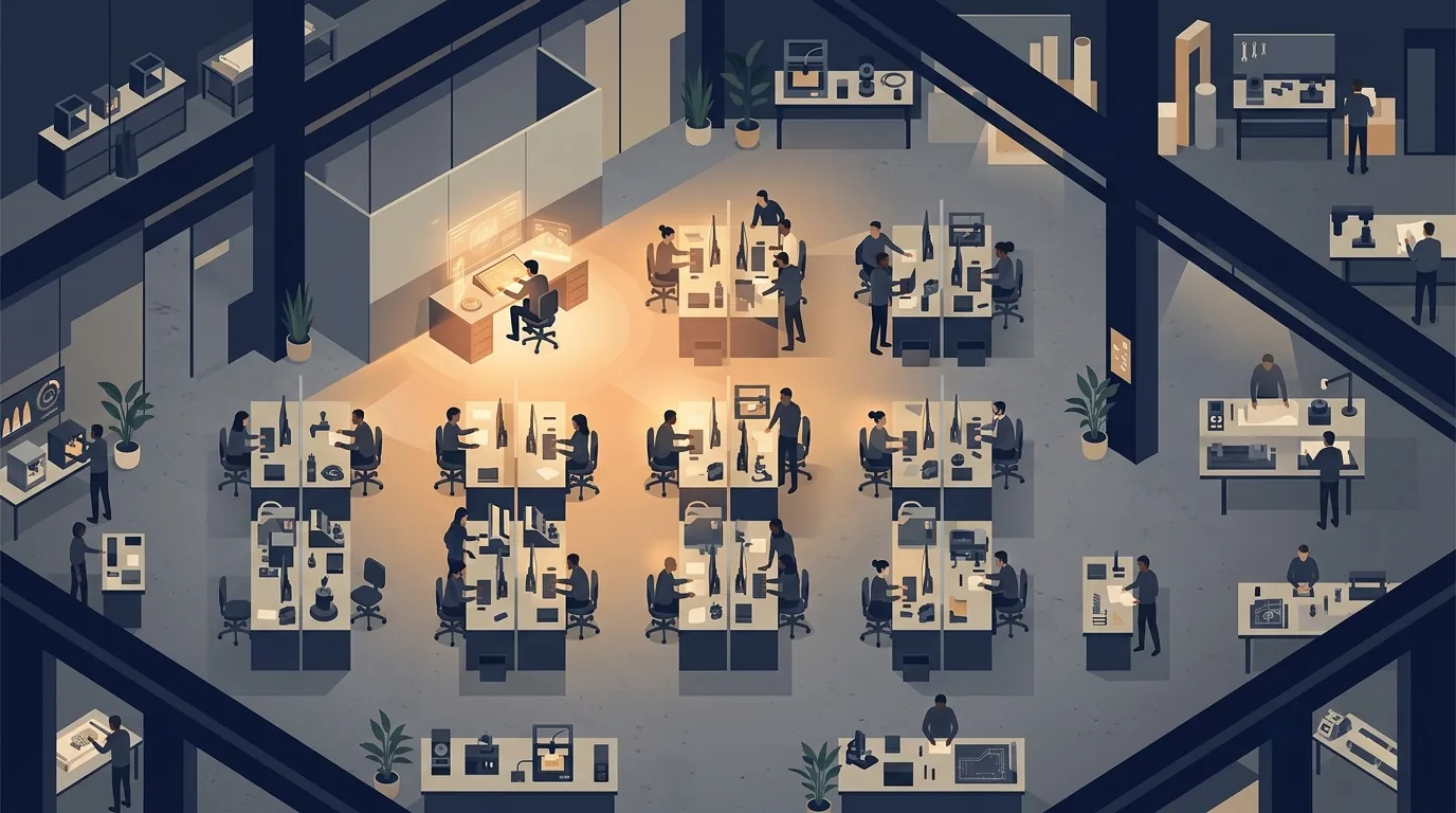 A factory shop floor reimagined as an open-plan engineering office, where one worker's task is visible to everyone around them, illustrating shared organizational learning from AI agents.