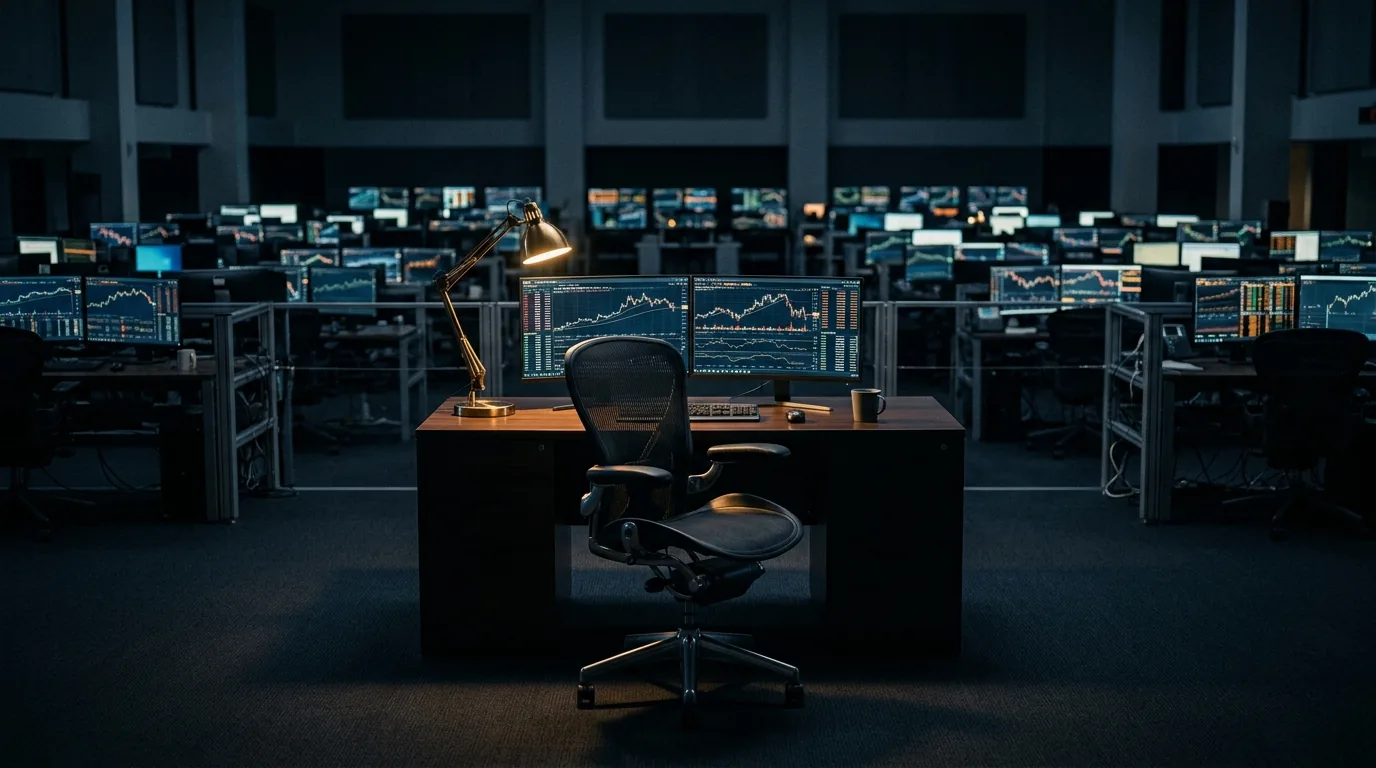 A single empty office chair lit at a desk in a darkened trading floor, surrounded by rows of glowing screens running automated processes, suggesting one human seat that cannot be removed.